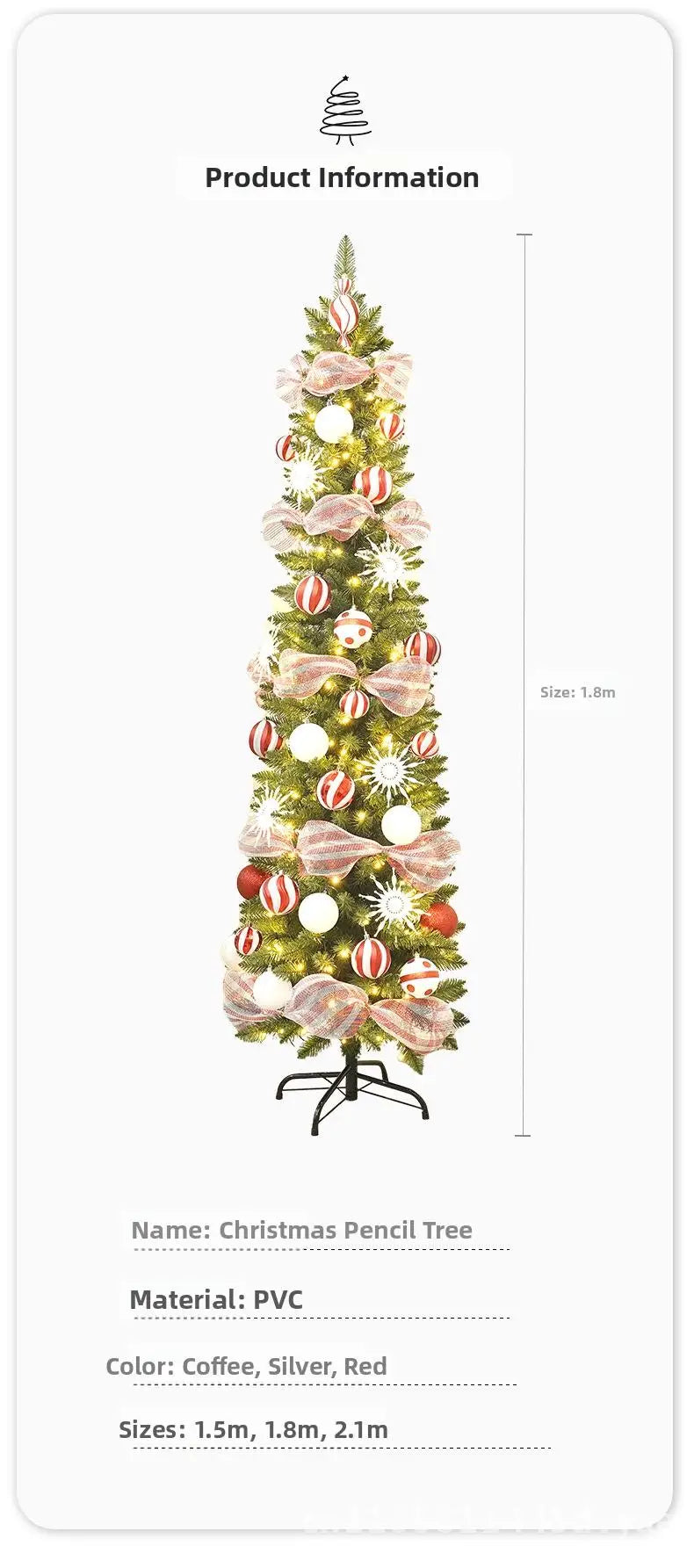 Árvore de Natal Artificial Dobrável – Design Lápis Luminoso com PVC para Decoração Festiva