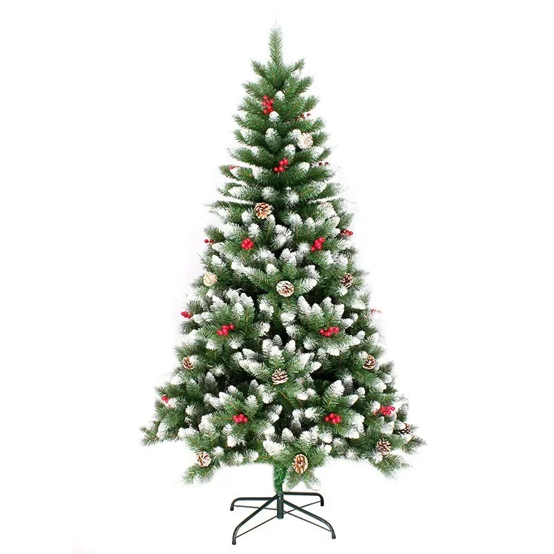 Para árvore de Natal nevosa tingida em PVC de 120 cm com pinhas e vermelha para decoração de shopping ou decoração de casa de Natal