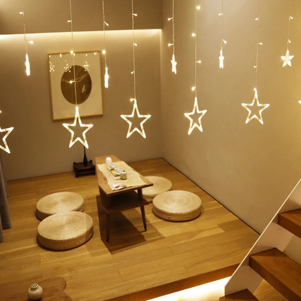 3,5M 138 LEDs Cordão de Luzes Estilo Gelo com Estrelas – Cortina de Luzes Fadas para Natal, Casamento, Casa, Festa de Aniversário e Decoração