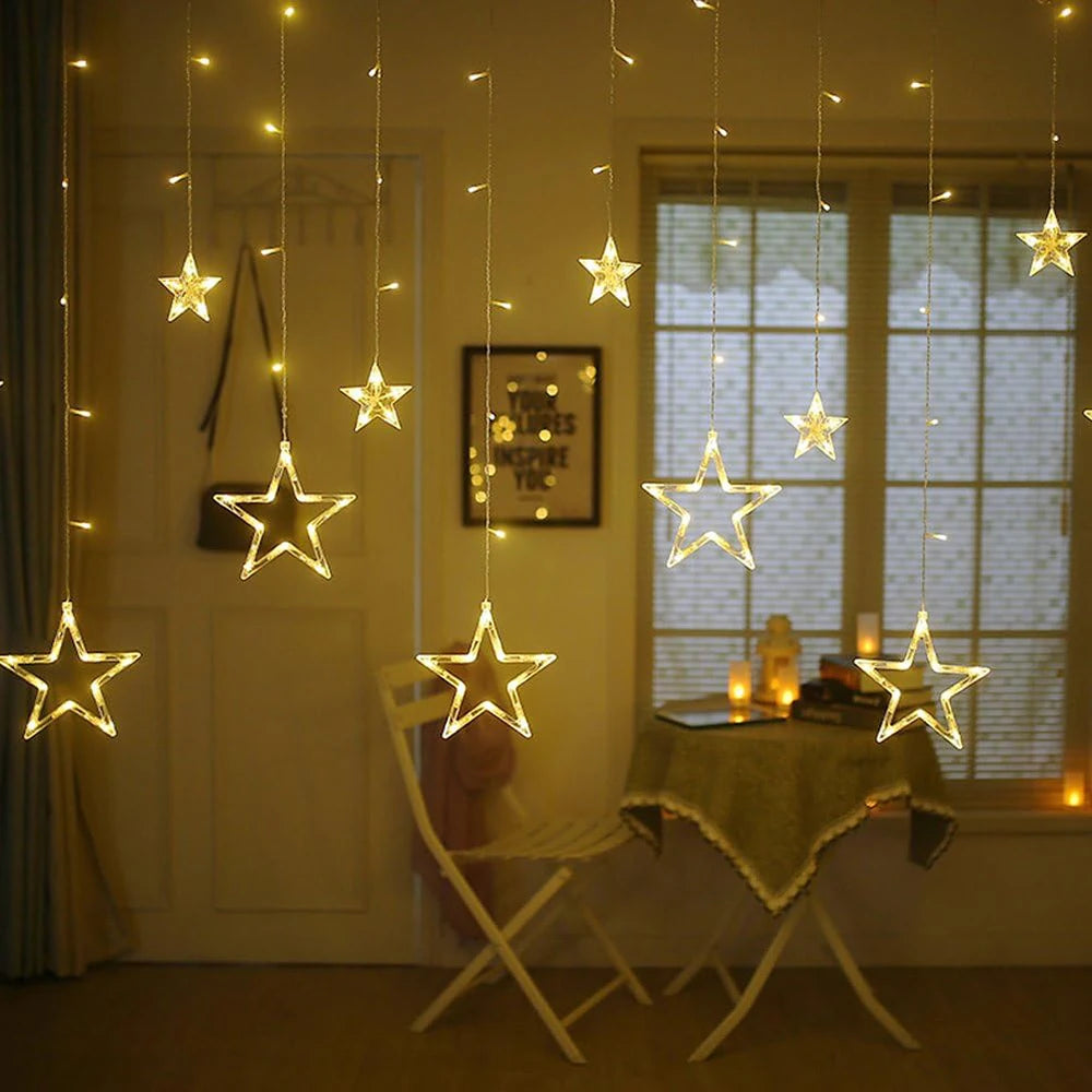 3,5M 138 LEDs Cordão de Luzes Estilo Gelo com Estrelas – Cortina de Luzes Fadas para Natal, Casamento, Casa, Festa de Aniversário e Decoração