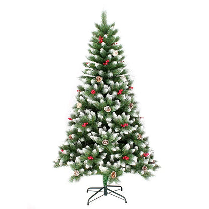 Para árvore de Natal nevosa tingida em PVC de 120 cm com pinhas e vermelha para decoração de shopping ou decoração de casa de Natal