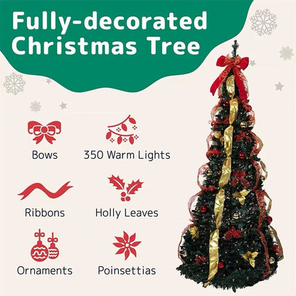 Para árvore de natal dobrável dobrável, fácil instalação, puxar para cima com decorações, luzes quentes, instalada rapidamente