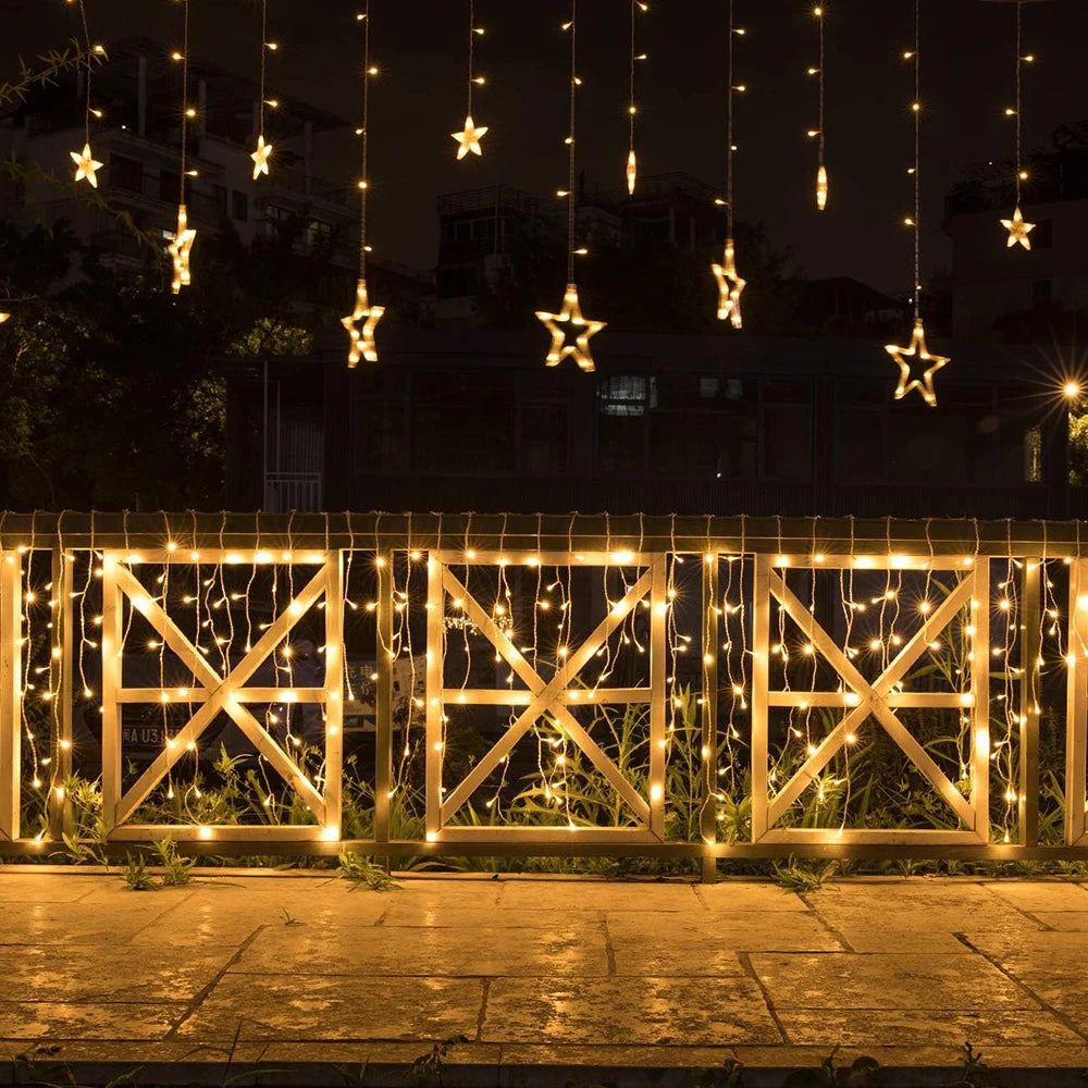 3,5M 138 LEDs Cordão de Luzes Estilo Gelo com Estrelas – Cortina de Luzes Fadas para Natal, Casamento, Casa, Festa de Aniversário e Decoração