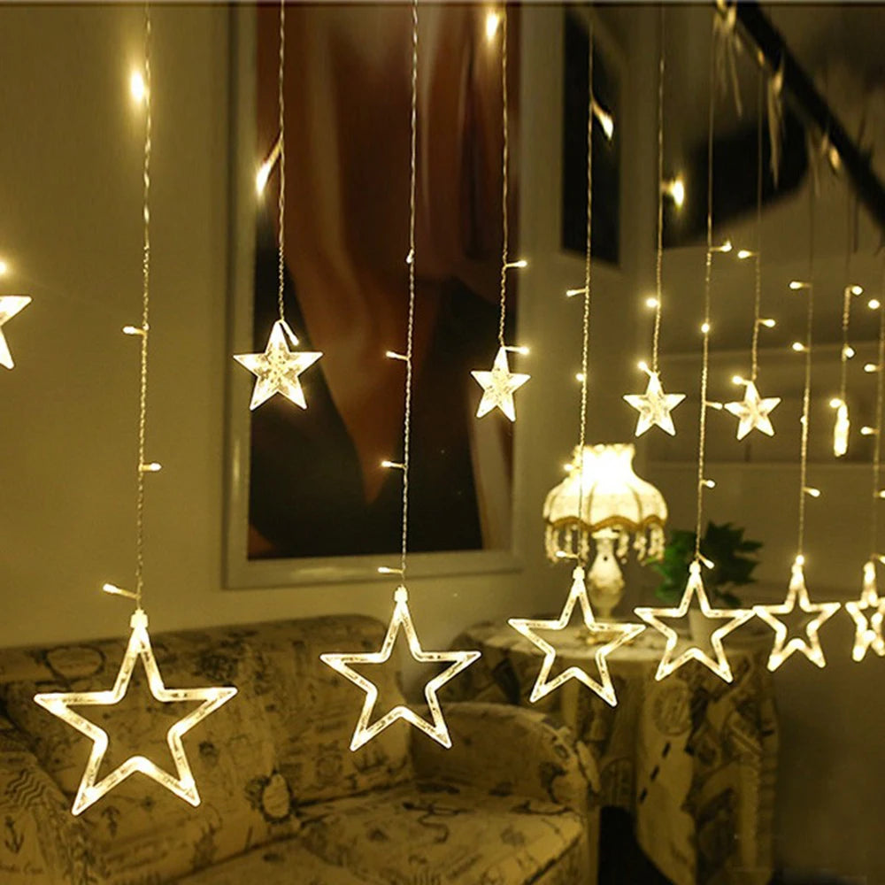 3,5M 138 LEDs Cordão de Luzes Estilo Gelo com Estrelas – Cortina de Luzes Fadas para Natal, Casamento, Casa, Festa de Aniversário e Decoração
